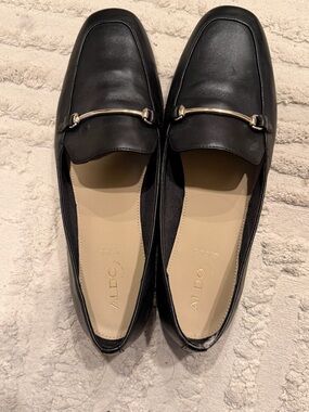 Aldo Black Leather Loafers with Gold-Tone Hardware